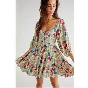 Free People Summer Picnic Printed Smocked Mini Dress Size medium